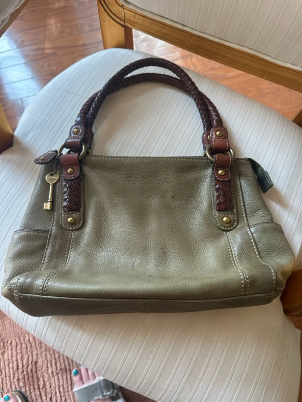 Fossil Leather Satchel Bag Burgandy Olive Green Burgandy Woven Strap Boho